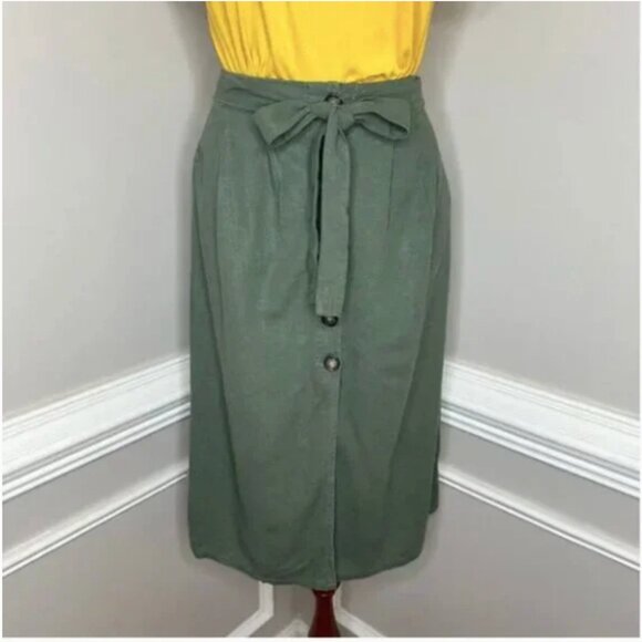 Cali 1850 Women's Olive Button Front Linen Blend Skirt with Attached Belt Size S - Picture 2 of 9